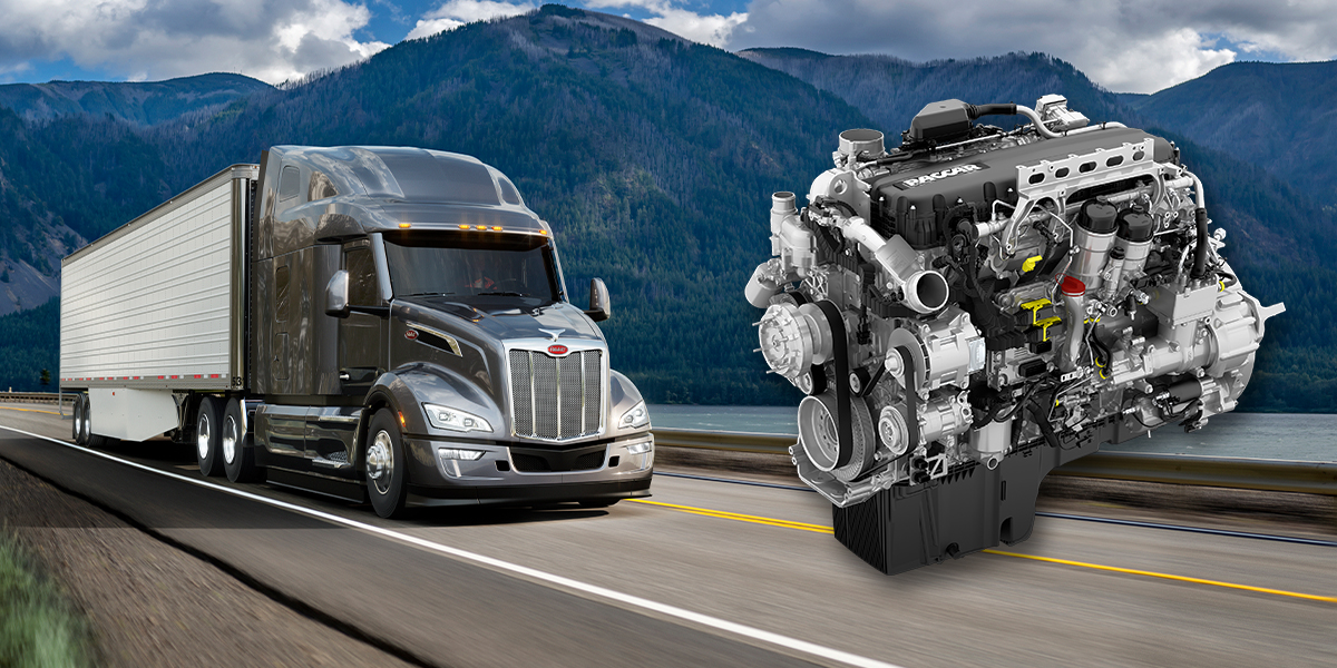 A Peterbilt 579 UltraLoft driving beside a late with an overlay of a PACCAR MX-13 engine